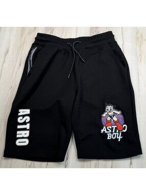LOTBA x ASTRO BOY Mens MEDIUM Black Anime Cartoon Embroidered SWEAT SHORTS *Flaw